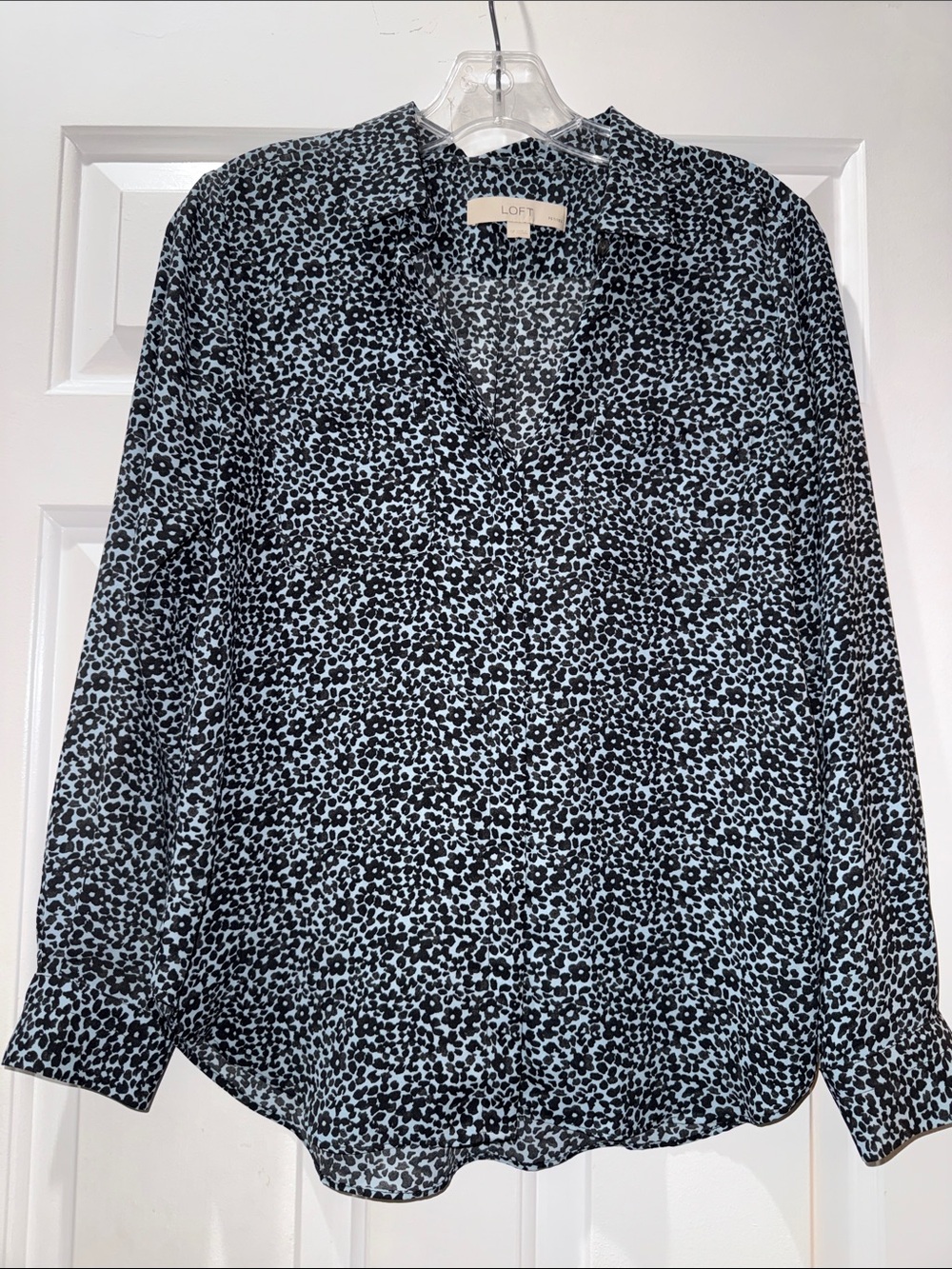 LOFT Black and Light Blue Printed Button down Blouse
